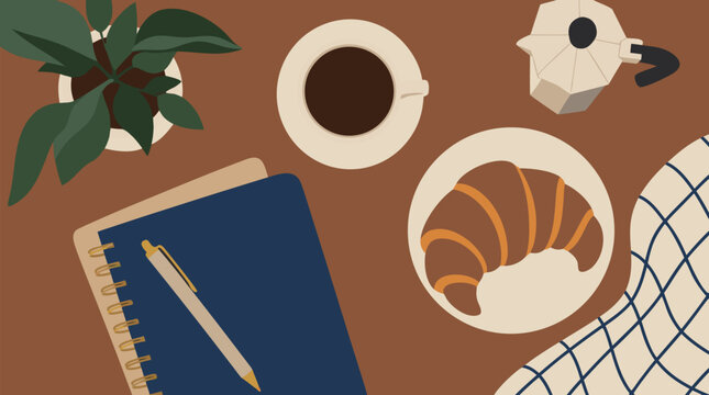 Cozy coffee flat lay with buttery croissant, notebook, pen, moka pot and leafy plant on warm tabletop, elegant vector illustration for cafe branding, morning rituals, brunch and productivity
