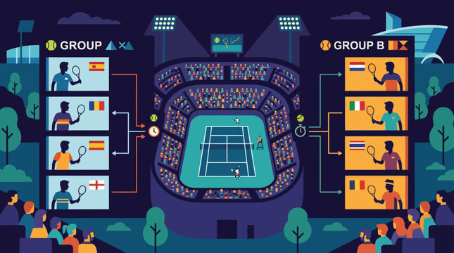 Tennis tournament bracket with pixel art players and stadium