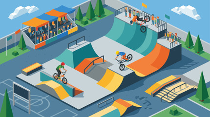 BMX bike riders performing tricks in an isometric skate park with spectators © kc