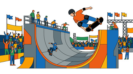Skateboarder performs aerial trick at extreme sports event with cheering crowd. © kc