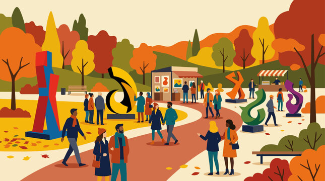 Autumn park art fair with diverse people viewing sculptures, vibrant fall foliage