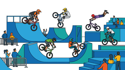 BMX Freestyle Park Competition with Diverse Riders Performing Tricks on Ramps © kc