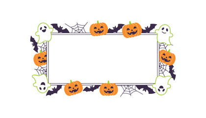 Fototapeta premium Halloween frame with friendly ghosts carved pumpkins bats and spider webs