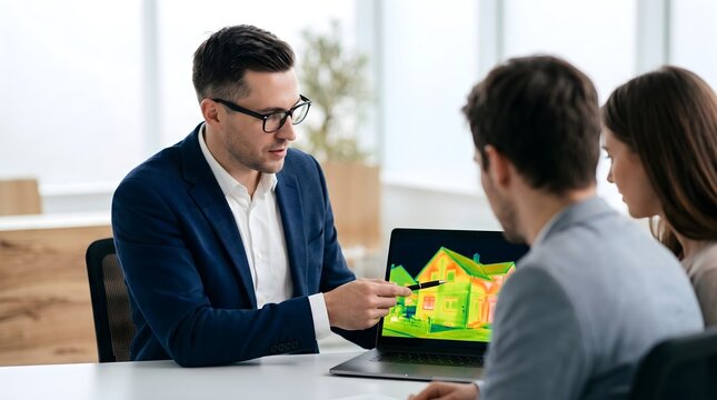 Professional expert showing thermal house scan on laptop to young couple in modern office interior home energy efficiency business lifestyle concept