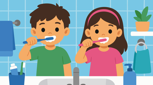 Cheerful siblings brushing teeth side by side at a bright bathroom sink, flat vector illustration of kids dental hygiene, morning routine, healthy habits, oral care, and family wellness