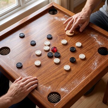 Friends Playing Carrom Board Game Indoors with Wooden Board and Game Pieces