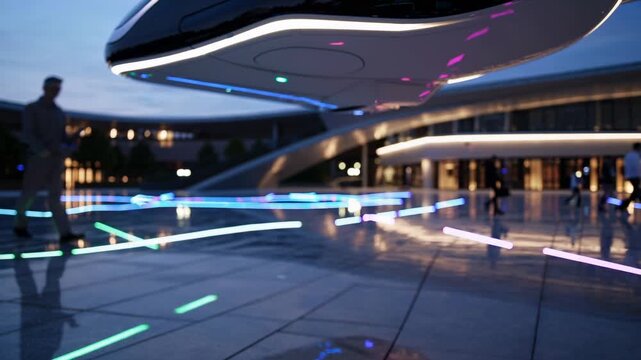 Futuristic hovering vehicle with illuminated lights gliding above a modern plaza, showcasing sleek design and vibrant colors in an urban nighttime setting