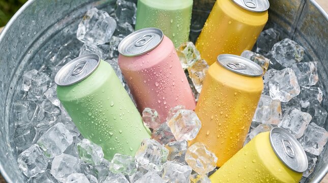 Colorful aluminum beverage cans chilling in a metal bucket filled with ice cubes for a refreshing summer party experience with bright pastel containers