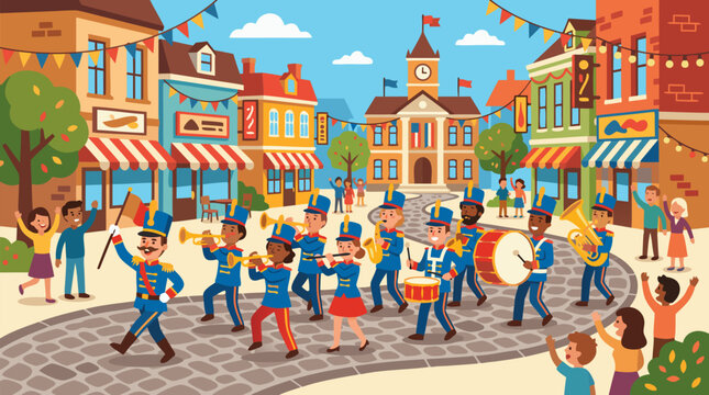 Cheerful cartoon marching band parading through a decorated town square, lively vector illustration with musicians, brass instruments, drums, flags, bunting, shops, crowd, and festival spirit