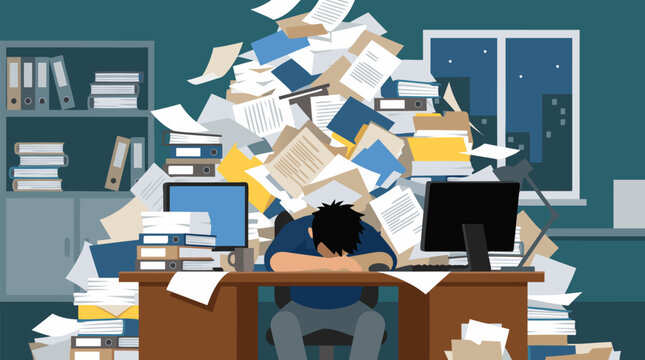 Exhausted office worker slumped at desk beneath a collapsing mountain of paperwork, files and reports, dramatic vector burnout scene for workload stress, deadline pressure and corporate overwhelm