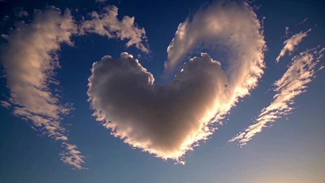 Heart-shaped clouds in blue sky gradually transform, showcasing a beautiful display of nature's artistry with wispy cloud formations and vibrant sunlight