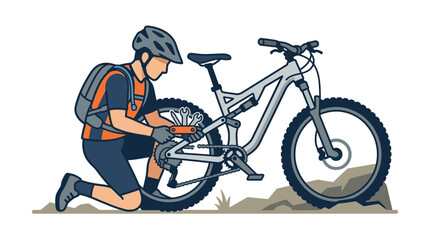 Fototapeta premium Cyclist repairing mountain bike trailside illustration.