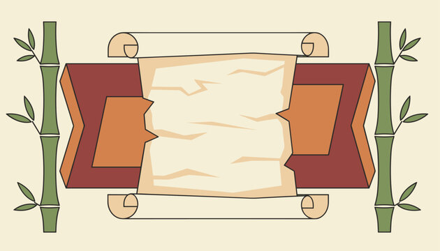 Blank traditional oriental scroll banner framed by green bamboo stalks sits on a warm cream-colored background.