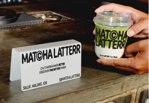 Table Sign and Matcha Plastic Cup Mockup