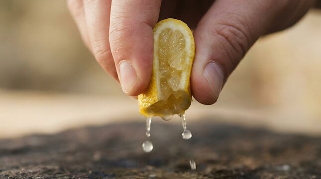 Close up of a human hand squeezing a fresh yellow lemon slice to extract juice drops over a rough textured dark stone surface in a natural light