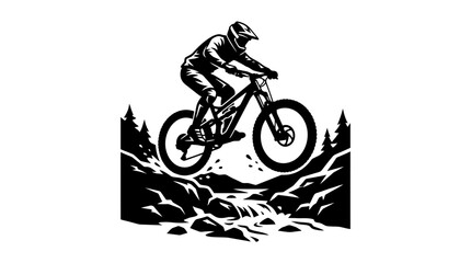 Obraz premium Black and white illustration of a mountain biker performing a jump.