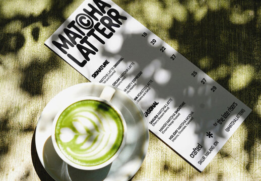 Minimal Menu Mockup at Cafe Scene and Product Matcha Cup
