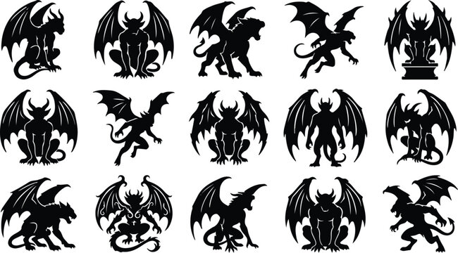 Collection of 12 unique black silhouette gargoyle designs