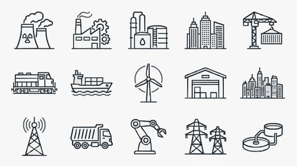Sleek Black and White Line Icons Set Featuring Industrial Urban Energy and Technology Illustrations © Sika