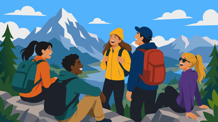 Fototapeta premium Diverse friends laughing on a scenic mountaintop viewpoint, backpacks and bright jackets against alpine peaks, lake and forest, joyful hiking adventure vector lifestyle illustration