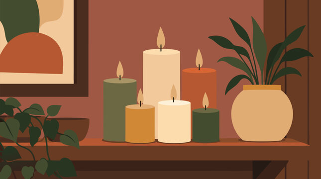 Cozy vector illustration of lit pillar candles flickering on a wooden shelf with leafy houseplants, warm terracotta wall, modern boho decor, calm home spa ambience, hygge interior mood