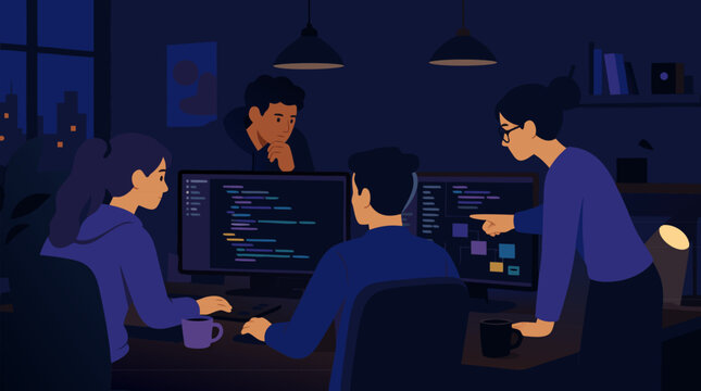 Collaborative vector illustration of diverse developer team coding at dual monitors in a dim studio, reviewing software interface, nighttime startup teamwork, focused programmers at work