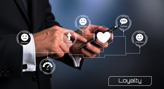 Business leader using mobile app with loyalty metrics and customer sentiment analysis for growth optimization