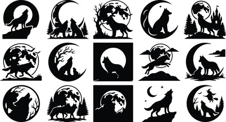 Obraz premium Wolf silhouette collection with moon and forest elements vector graphics