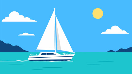 Fototapeta premium Serene white sailboat gliding smoothly across calm turquoise ocean waters beneath bright clear blue skies with fluffy white clouds on a peaceful summer day vibrant vector illustration