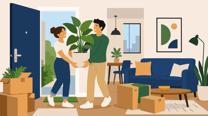 Fototapeta premium Happy young couple carrying a lush potted plant into their bright new apartment, cozy living room with moving boxes, open door, sofa and modern decor, cheerful relocation vector illustration