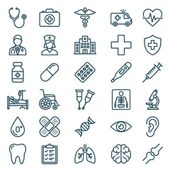 Fototapeta premium A medical and healthcare line icons collection with simple symbols