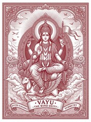 Fototapeta premium Vayu, the Wind Deity: An intricate, red-toned illustration depicts Vayu, the Hindu wind deity, seated cross-legged on a mythical creature, surrounded by clouds and birds.