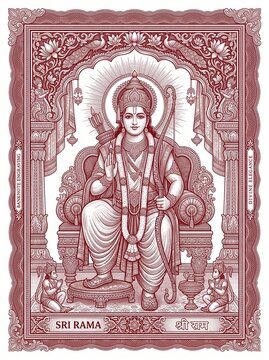 Rama, The Righteous King: An intricately designed illustration in shades of red depicts Lord Rama seated majestically on his throne, holding a bow and arrow, embodying dharma and divine justice.