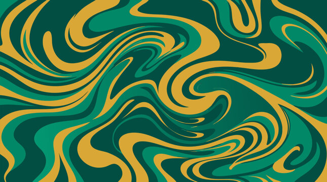 Elegant abstract fluid marble texture swirl pattern in rich emerald green and luxurious metallic gold colors creating dynamic artistic background design premium vector illustration
