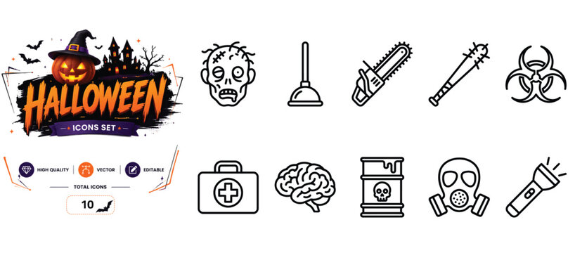Set of 10 outline icons related to zombie, horror - collection of zombie head, plunger, chainsaw, baseball bat, biohazard, medical kit, brain vector elements