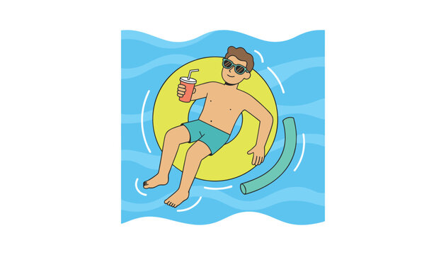 Man wearing sunglasses and relaxing on yellow inflatable ring in swimming pool