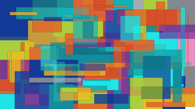 Vivid geometric vector illustration featuring stacked translucent overlapping rectangles in a dynamic abstract composition with vibrant rainbow colors including blue orange purple green yellow and