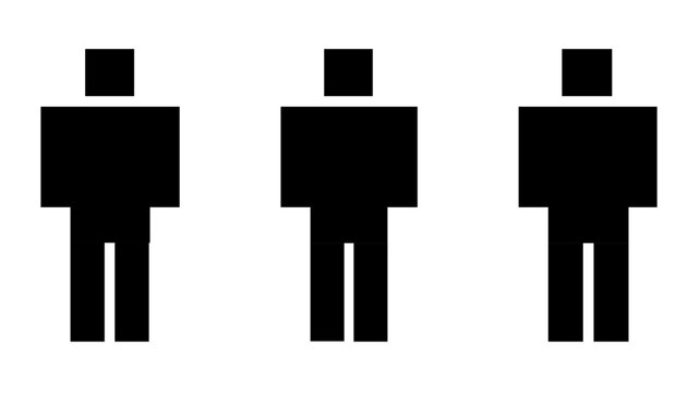 Minimalist vector icon of three blocky pixelated figures standing together, simple black geometric shapes on white background, clean scalable graphic design element for people in retro digital style.