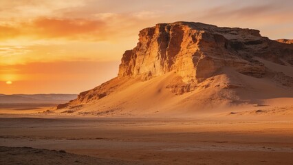 Massive desert butte rises above sweeping sand dunes as the sun sets through amber clouds, capturing timeless solitude for luxury travel branding.