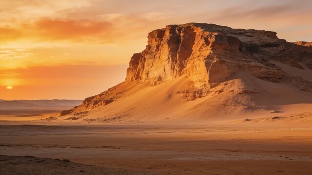 Massive desert butte rises above sweeping sand dunes as the sun sets through amber clouds, capturing timeless solitude for luxury travel branding.