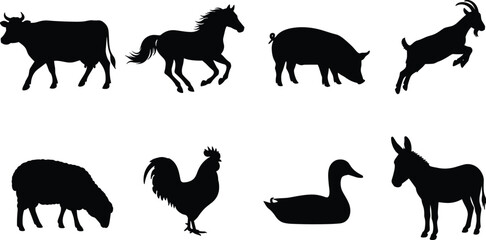 Fototapeta premium Eight Black Farm Animal Silhouettes Collection on White Background for Vector Design