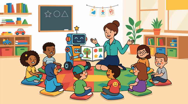 Friendly teacher and smiling robot co-teaching diverse schoolchildren in a colorful classroom circle, future learning vector illustration with books, toys, plants and AI collaboration