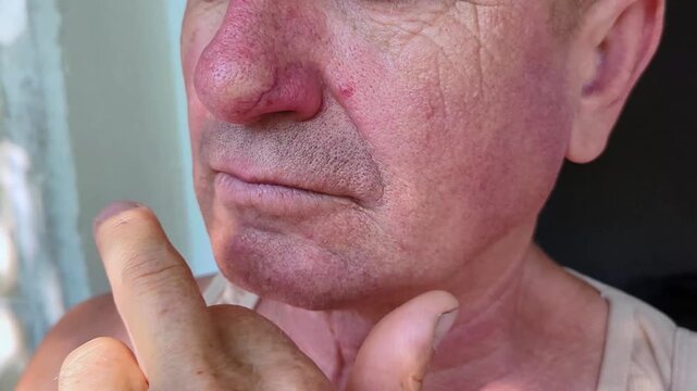 Close up view of a mature man face with phymatous rosacea and rhinophyma skin condition. Dermatological skin disease concept showing bulbous nose and facial redness.