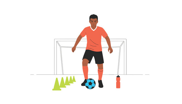 Soccer player training with ball and cones in front of goalpost