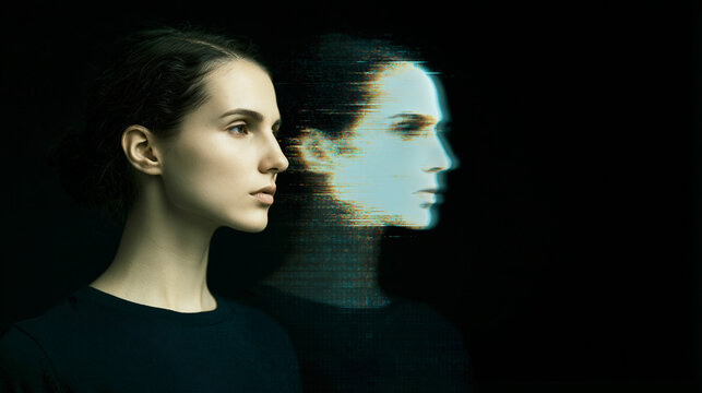 Woman in profile next to a digital twin. Concept of cyber identity, virtual avatar, data privacy in the metaverse and artificial intelligence visual effects