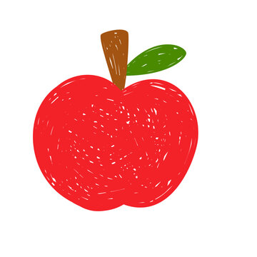 Cute crayon doodle red apple vector. Kawaii hand drawn fruit cartoon clipart isolated.