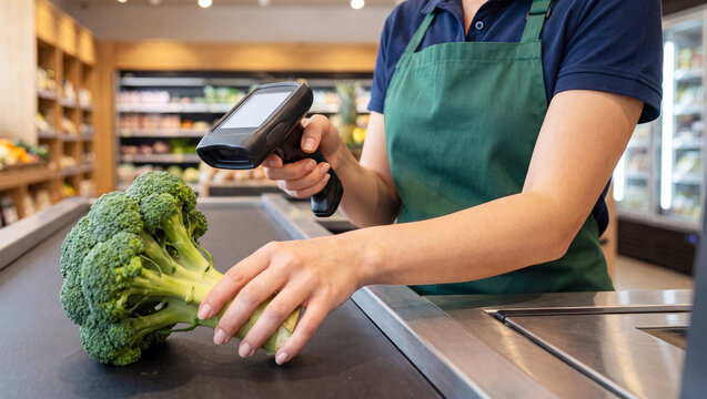 Close-up of a grocery store cashier scanning fresh produce with a handheld barcode scanner at the supermarket checkout. Modern retail payment process