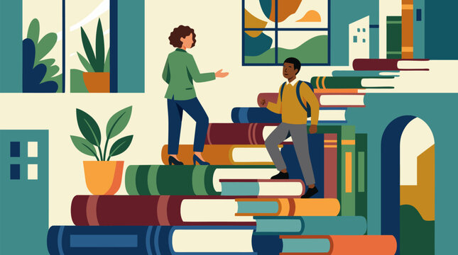 Supportive mentor guiding a junior employee up a staircase of stacked books, career growth, workplace learning, coaching, knowledge advancement and education concept vector illustration