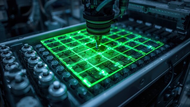 Machine vision camera system scanning products on conveyor belt with visible green laser grid projection, concept of smart manufacturing, industrial automation and future factory technology