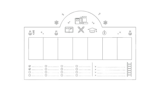 School schedule template and weekly planner page with education line icons